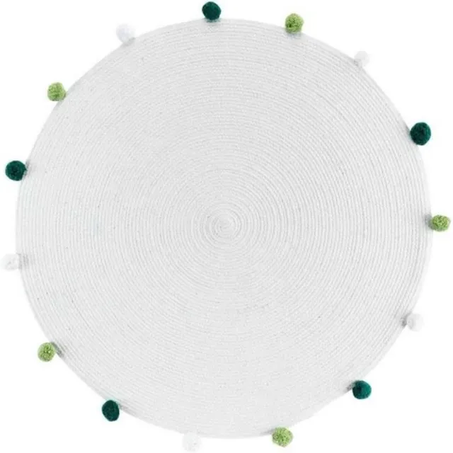 Orange85 Decoratief Rond Kleed - Laagpolig - Carpet - 90x90cm - Wit - Groene Pompons - Polyester