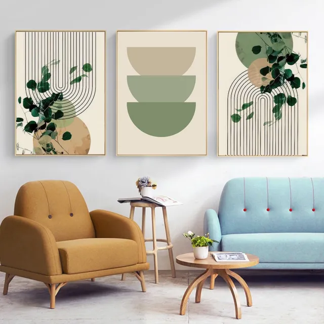 Ibenzoa Moderne geometrische kunst met groene plant voor stijlvolle muurdecoratie in huis zonder lijst kleur c