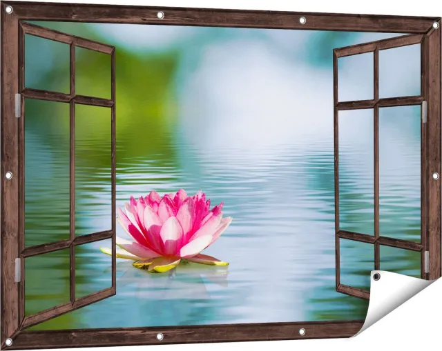 Gards Tuinposter Doorkijk Roze Lotusbloem op het Water - 120x80 cm - Tuindoek - Tuindecoratie - Wanddecoratie buiten - Tuinschilderij Donker bruin