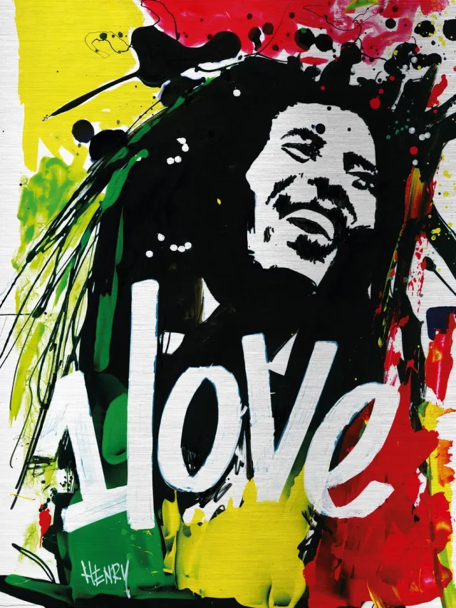 De Opmakerij BOB MARLEY * ONE LOVE * - uniek sign painted kunstwerk op geborsteld aluminium 60 x 80 cm full-colour