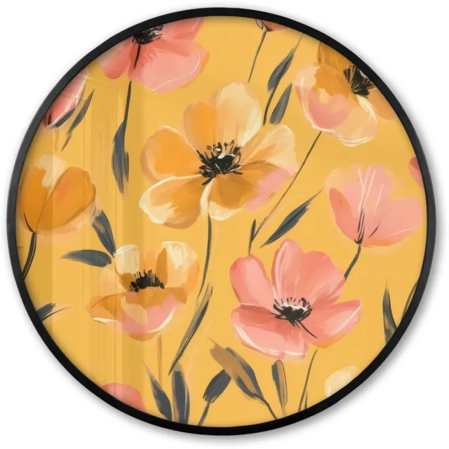 FrameYourWall Poster in lijst Rond - Fotolijst 80x80 cm - Posters - Bloemen - Geschilderd - Geel - Ronde posterlijst zwart - Decoratie - Wanddecoratie woonkamer - Muurdecoratie slaapkamer