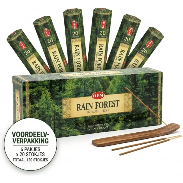 HEM Rainforest Hexa Wierookstokjes Voordeelverpakking - 6 Pakjes x 20 Stuks (120 Stokjes Totaal) - Frisse Regenwoud Geur voor Meditatie, Ontspanning en Huisparfum - Natuurlijke Wierook Bulkverpakking Met Kajal Sticker bruin