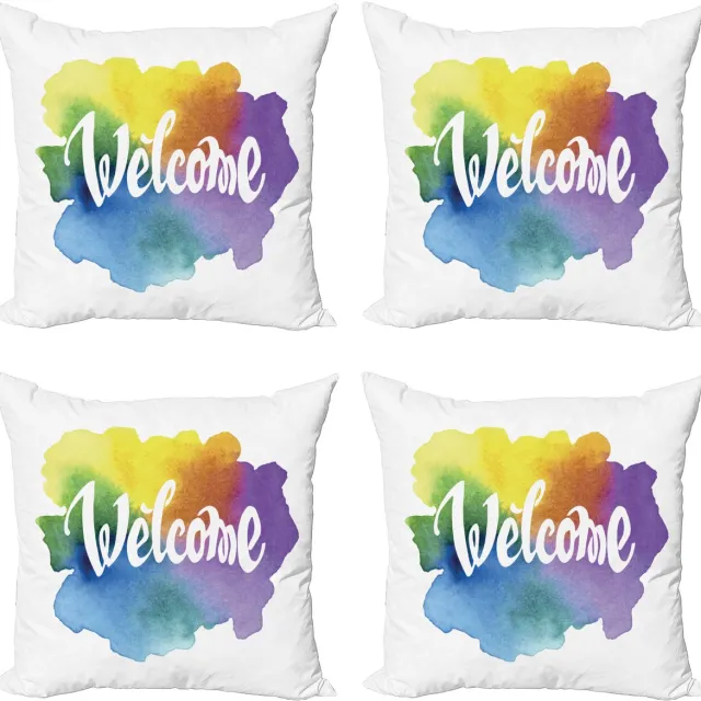 ABAKUHAUS Herzlich willkommen Sierkussen Kussenhoes 4er Set, Aquarel Vintage Stijl, Modern Accent Dubbelzijdige Digitale Print, 60 x 60 cm, Meerkleurig