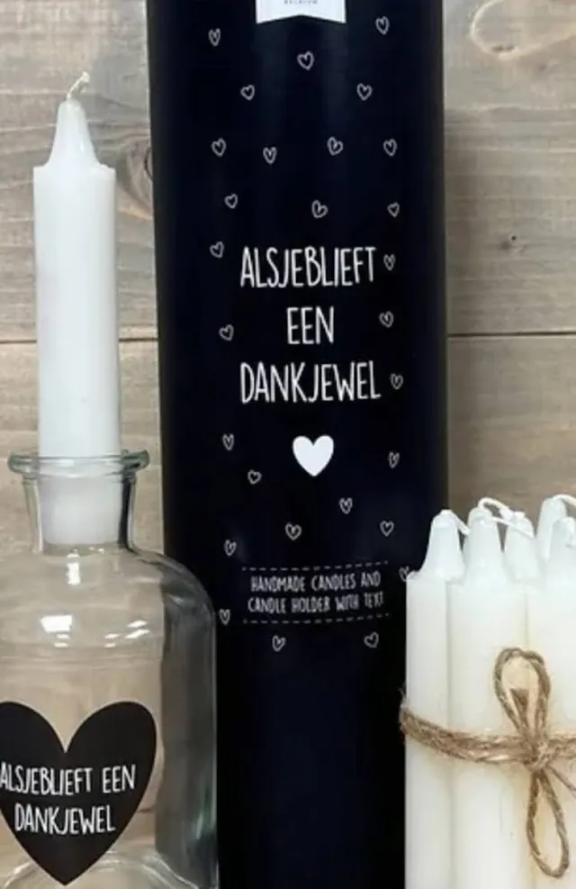 Soap & Gifts Zwarte koker met 7 kaarsen en fles/kaarsenhouder met tekst Alsjeblieft een dankjewel - Soap en gifts zwart-wit