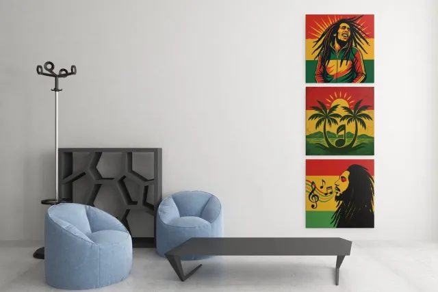 Trendex Global Drieluik Canvas Schilderij – Reggae Vibes in Rasta Kleuren - 3x100x100 cm Kleurrijk