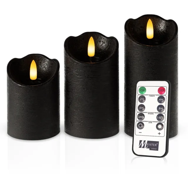 Meisterhome 3 x Led Stompkaars Rustiek - Zwart – Stompkaars Echte wax – Led kaarsen - 10 / 12.5 / 15 cm Hoog - Met afstandsbediening – Timer 2/4/6/8 uur - Dimbaar