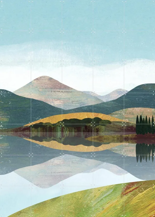 IXXI Mountain Lake Landscape, Henry Rivers - 100 x 140 cm - Grote wanddecoratie en posters - Kleurrijk, Geometrische Kunst, Illustraties, Digitale Groen