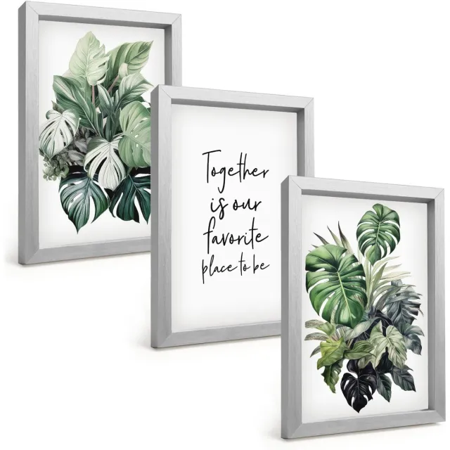 TULUP 4-Delige Schilderij Set - Groene bladeren van tropische planten met decoratieve inscriptie - 20 x 30 cm - Moderne Wanddecoratie - Slaapkamer - Interieur Decoratie Zilveren lijst