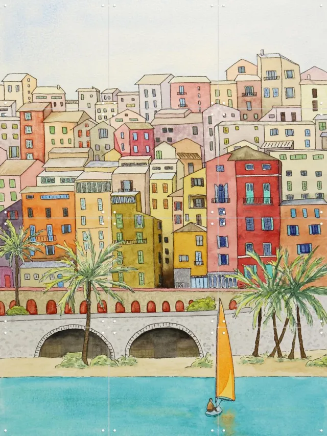 IXXI Sailing off the coast of a major city, Natalie Bruns - 60 x 80 cm - Grote wanddecoratie en posters - Illustraties, Speels, Aquarel, Kleurrijk Rood
