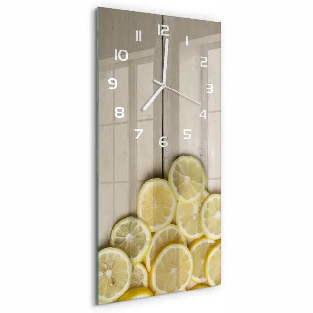 TULUP Wandklok - Citroenhout Glazen Wandklok Design - 30x60 cm - Geel Klok Glas Met Opdruk - Witte handen - Rechthoekige Klok - Wandklok Glas Met Motief - Decoratieve Glazen Klok