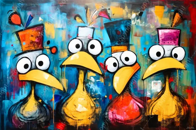 John Joseb Art (Canvas) 60x40 | Eenden kuikens, grappig, kleurrijk, abstract, kunst, woonkamer | dier, eend, kuiken, vogel, blauw geel, oranje, rood, modern | Foto-Schilderij canvas print (wanddecoratie) Canvas, dikte 2 cm