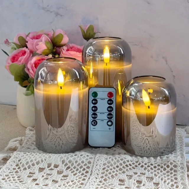 Dutchers Luxe 3-delige Grijze Vlamloze Kaarsen Set | Batterij-LED Pilaar­kaarsen Onbreekbaar Acryl | Romantische Sfeer & Kerstversiering smoke grey