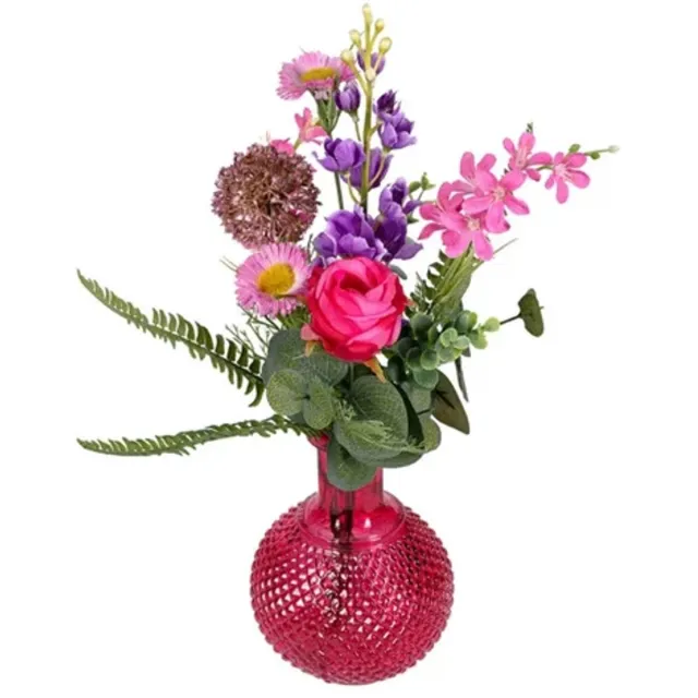 Delphinium & Allium Decoratief Rood Vaasje met Kunstbloemen – Delphinium & Allium – 38 cm – Sfeervolle Tafeldecoratie - ideaal voor Horeca & Thuis