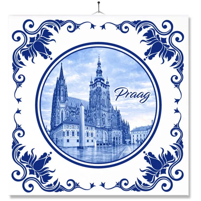 MC Living Tegel Met Opdruk | Praag | Delft Blauw | Cadeau | Inclusief Geschenkdoos | Standaard | Ophangsysteem Ontwerp 2