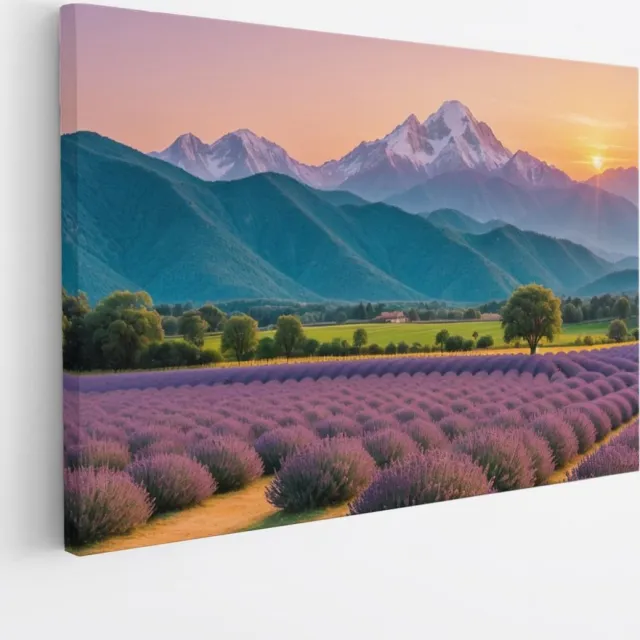 Saammp Canvas Schilderij - Bloemen - Lavendel met bergachtig landschap - Natuur - 60x40 - Foto op canvas - Wanddecoratie - Muurdecoratie Woonkamer - Slaapkamer decoratie - Canvas Print Multicolor