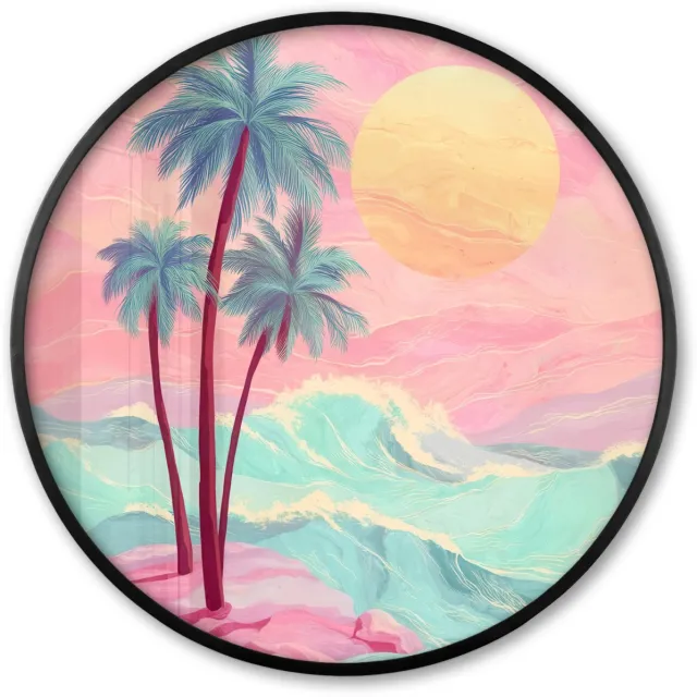 FrameYourWall Poster in lijst Rond - Fotolijst 80x80 cm - Posters - Palmbomen - Golven - Zee - Ronde posterlijst zwart - Decoratie - Wanddecoratie woonkamer - Muurdecoratie slaapkamer