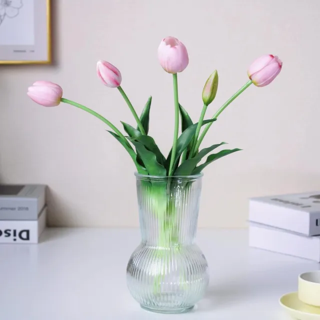 WAKISAKI 16 inch Premium Real Touch Nep Tulpen Kunstbloemen met Knoppen, Flexibele Stam Gemakkelijk te Vormen, Faux Tulpen voor Home Decor Indoor (Vaas niet inbegrepen), 5-Pack Set Piggy Pink Roze