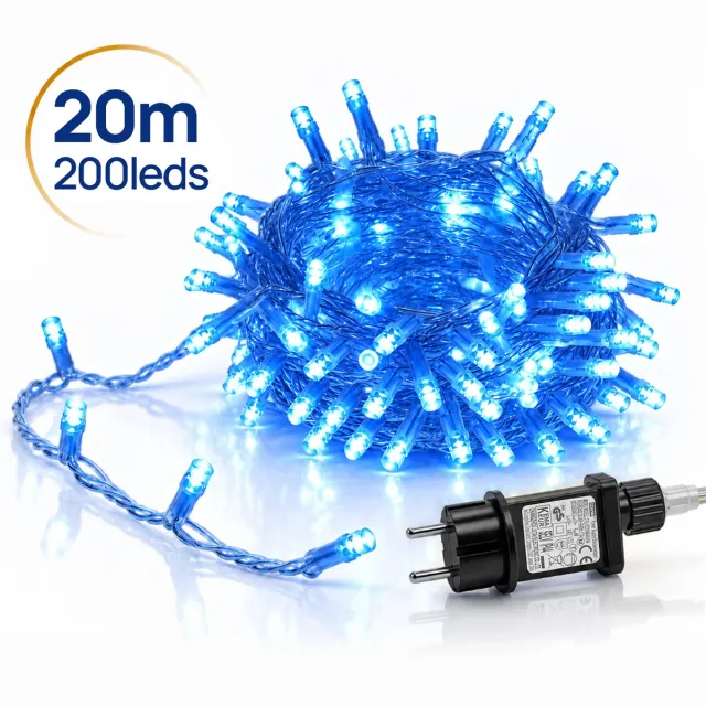 LAPAMAX LED Lichtsnoer - Kerstverlichting 20 m 200 LEDs Blauw - Met Tail Plug - 31 V Laagspanning met Timer, Geheugen en 8 Lichtstanden - Kerstboomverlichting met Adapter en 3 m Aanloopsnoer