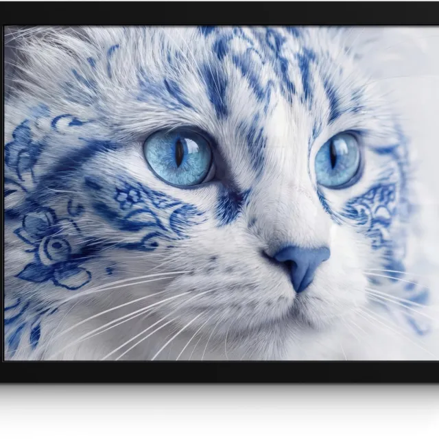 FrameYourWall Poster in lijst - Fotolijst 40x30 cm - Posters - Kat - Patroon - Blauw - Posterlijst zwart - Decoratie - Wanddecoratie woonkamer - Muurdecoratie slaapkamer