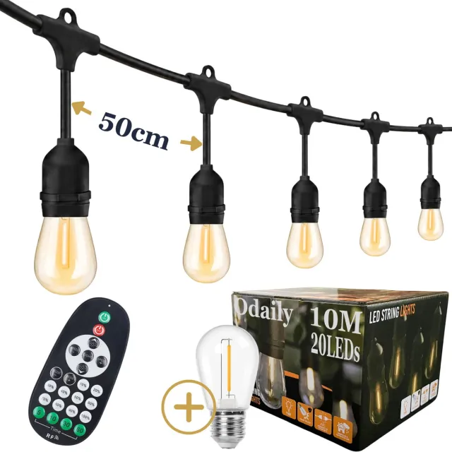 Odaily Lichtsnoer Buiten - 10 Meter - 20 LED Lampen - Warm Wit Licht - Dimbaar - Horecakwaliteit