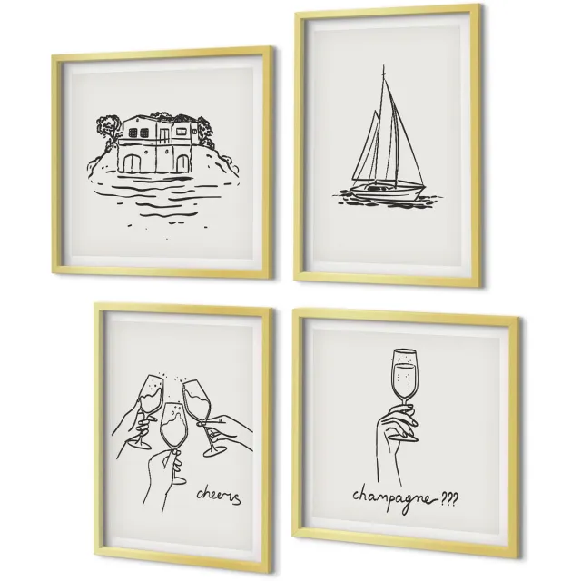 Coloray 4-Delige Schilderij Set - Uitzicht op het water, een huis dat proost met glazen en een zeilboot. - 40 x 40 cm en 40 x 60 cm - Decoratieve Schilderijen - Woonkamer - Interieur - Muurdecoratie Gouden lijst