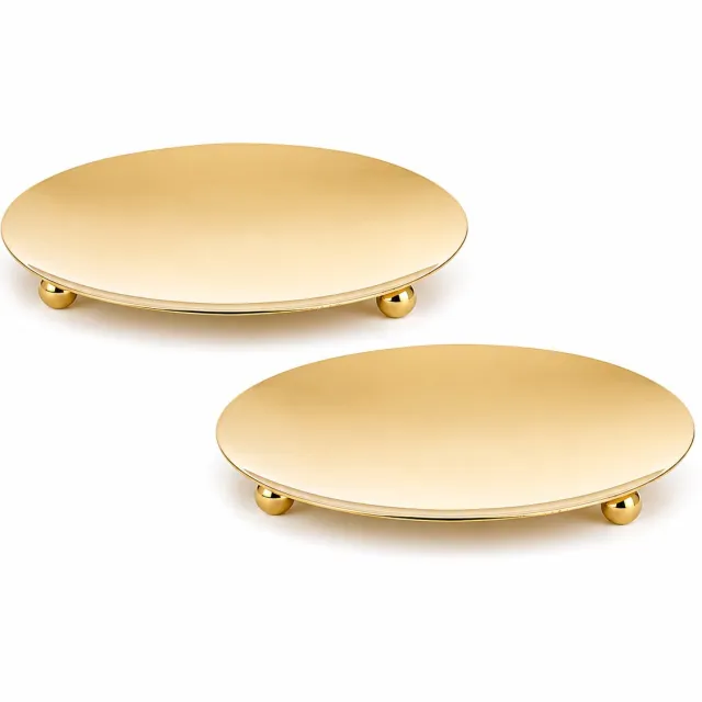Benza Set van 2 Gouden Kaarsenplateaus RVS – Ø 8,5 cm – Glanzend Goudkleurig – Decoratief Plateau voor Kaarsen en Waxinelichtjes