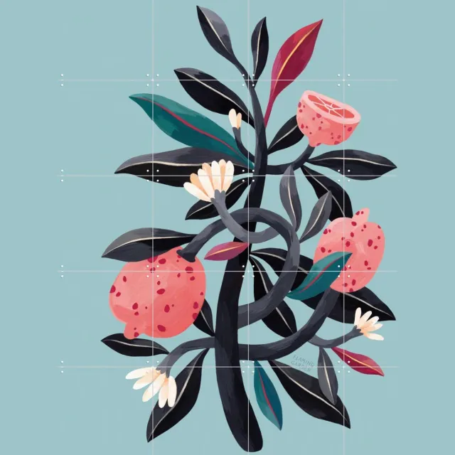 IXXI Lemon Tree, Flaming Garden - 80 x 100 cm - Grote wanddecoratie en posters - Digitale Kunst, Speels, Illustraties, Kleurrijk, Eetkamer, Woonkamer Roze