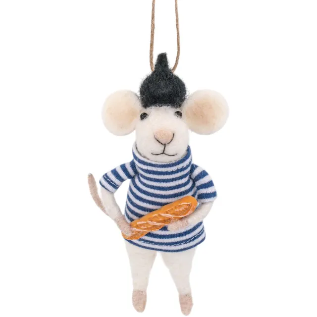 Sass & Belle Franse muis met baguette vilten kersthanger - Sass & Belle blauw