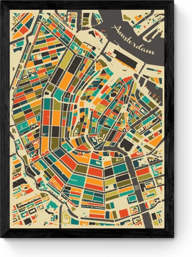 Kunst in Kaart Amsterdam - Mozaïek - Ingelijste Stadskaart Poster Verschillende kleuren