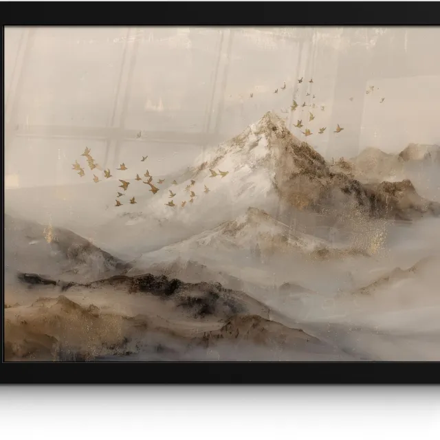 FrameYourWall Poster in lijst - Fotolijst 40x30 cm - Posters - Berglandschap - Mist - Penseelstreken - Posterlijst zwart - Decoratie - Wanddecoratie woonkamer - Muurdecoratie slaapkamer Berglandschap - Mist - Vogels