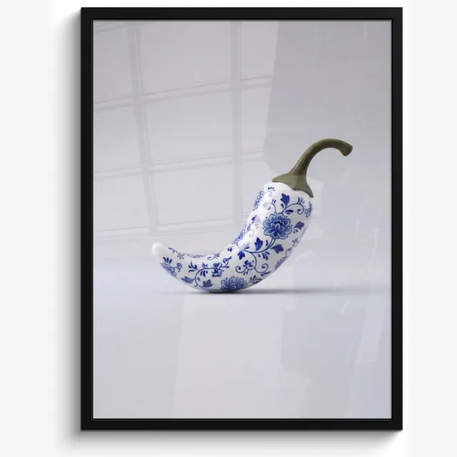 FrameYourWall Poster in lijst - Fotolijst 50x70 cm - Posters - Chilipeper - Keramiek - Blauw - Posterlijst zwart - Decoratie - Wanddecoratie woonkamer - Muurdecoratie slaapkamer