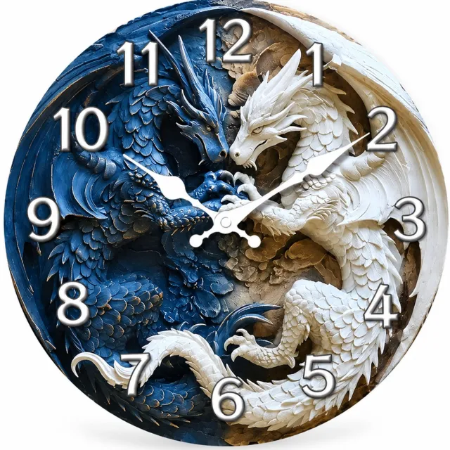 SWGOTA Stille ronde quartz-wandklok 12 inch, diameter 29,7 cm, twee draken, cijferwijzerplaat, decoratie voor woonkamer en eetkamer Donkerblauw