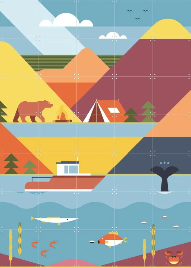 IXXI Mountains, Studio Kars + Boom - 100 x 140 cm - Grote wanddecoratie en posters - Grafisch Ontwerp, Illustraties, Kleurrijk, Geometrische Kunst Blauw
