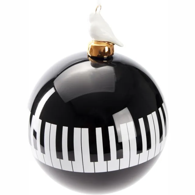 Brubaker Premium Kerstbal Piano - Zwart En Wit Met Porseleinen Vogelfiguur - 3,9 Inch (10 Cm) Glazen Bal - Kerstboom Bal Pianotoetsen Voor Muzikanten En Pianospelers
