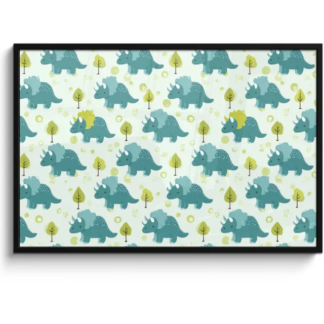 FrameYourWall Poster in lijst - Fotolijst 120x80 cm - Posters - Triceratop - Blauw - Stippen - Boompjes - Posterlijst zwart - Decoratie - Wanddecoratie woonkamer - Muurdecoratie slaapkamer