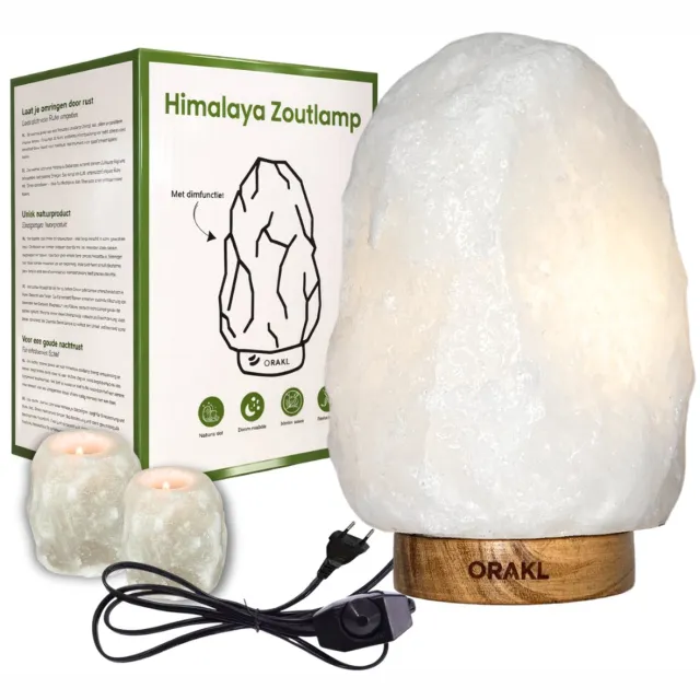 Orakl Dimbare Himalaya Zoutlamp Bliss – 2-4 KG – Nachtlamp -Tafellamp - Zoutlamp Incl. 2 Theelichthouders Wit