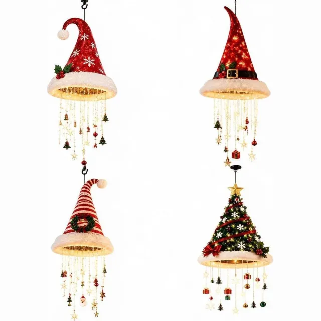 KZQ 4 stuks verlichte kerstwindgong 50 cm - Kersthangers met kerstboom en 3 kersthoeden - Warmwitte hangdecoratie met sterren, kerstballen en belletjes - Op batterijen voor raam en woonkamer - 2 AA per hanger, niet inbegrepen