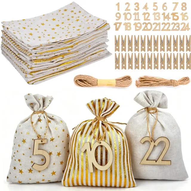 Famanu DIY kerstkalender set met 24 stoffen zakjes, houten hangers en hennepkoord