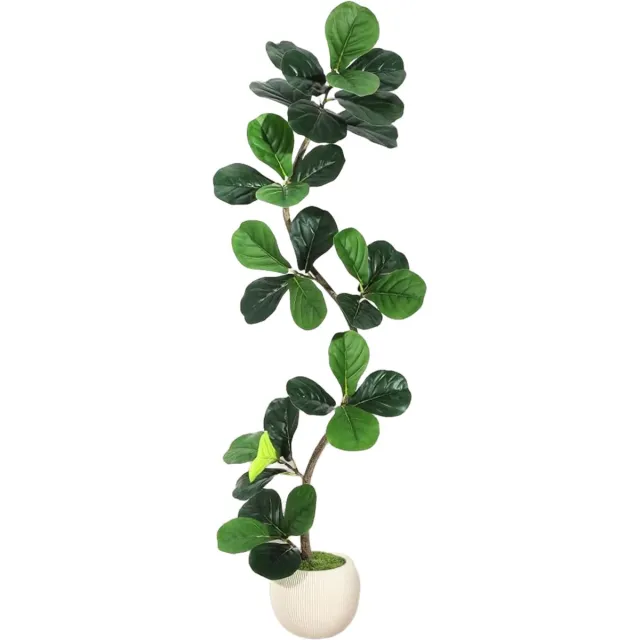 Happiq Kunstmatige Fiddle Leaf Fig Tree - Voor thuis of op kantoor - Decoratief en onderhoudsvriendelijk - Grote faux Ficus met witte plantenbak - Groen-150cm Green