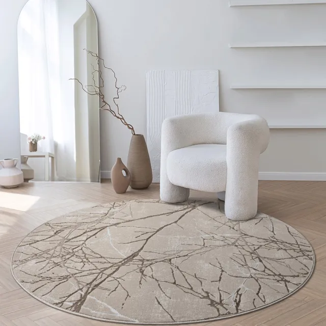 the carpet Mila – Rond Modern Vloerkleed met Takkenmotief – Beige & Bruin – Glansstructuur – Ø 200 cm beige met bruin takken