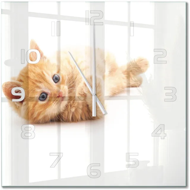 TULUP Wandklok - Rode Kat Wandklok Glas Met Motief - 60x60 cm - Oranje Decoratieve Glazen Klok - Witte handen - Vierkante Klok - Gekleurde Glazen Klok - Glazen Klok Met Print