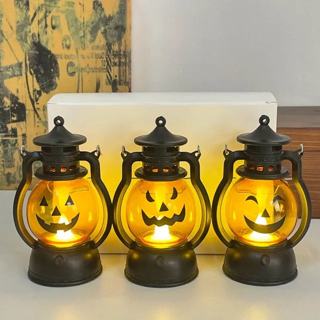 KZQ 3 Stuks Halloween-pompoenlantaarn – Draagbare hangende LED-pompoenlamp – Nachtlampje – Met handvat – 3 gezichtsuitdrukkingen - Kunststof Zwart