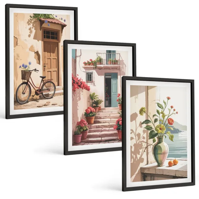 Coloray 3-Delige Schilderij Set - Geschilderde Straten Met Bloemen En Een Fiets - 40 x 60 cm - Wanddecoratie - Muurdecoratie - Woonkamer - Stijlvolle Muurdecoratie Zwarte lijst