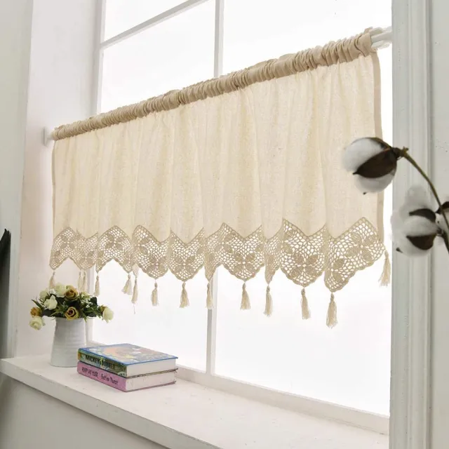 Ibenzoa Vintage Landelijke Korte Gordijnen met Kwastjes en Holle Haken voor Keuken en Woonkamer Beige