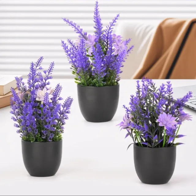 Oemmn 3 kunstplanten in potten, mini kunstplanten van plastic, kunstplanten met potten, mini plantjes, voor thuis, badkamer, tafel, decoratie - Lavendelplant in Scandinavische stijl, paars