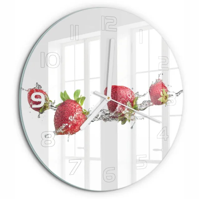 TULUP Wandklok - Aardbeien en water Klok Glas Met Opdruk - fi30 cm - Rood Moderne Wandklok Glas - Witte handen - Ronde Klok - Decoratieve Glazen Klok - Glazen Wandklok Design
