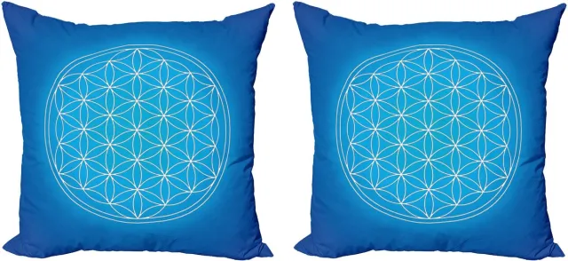 ABAKUHAUS Blauwe decoratieve kussenhoes, 2 stuks, Levensbloem raster, 40x40 cm, blauw en wit