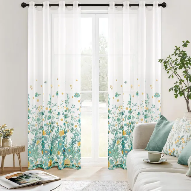 Ibenzoa Transparante Vitrage Gordijnen met Bloemenpatroon en Ingestanste Ringen - Set van 2, 140x260 cm turkoois