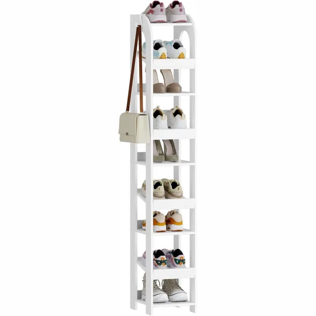 HILINSIE Verticaal schoenenrek, 9 niveaus, smal schoenenrek, houten schoenenorganizer voor kast, ingang, schoentoren voor kleine ruimtes, vrijstaand, verstelbaar, met haken Wit