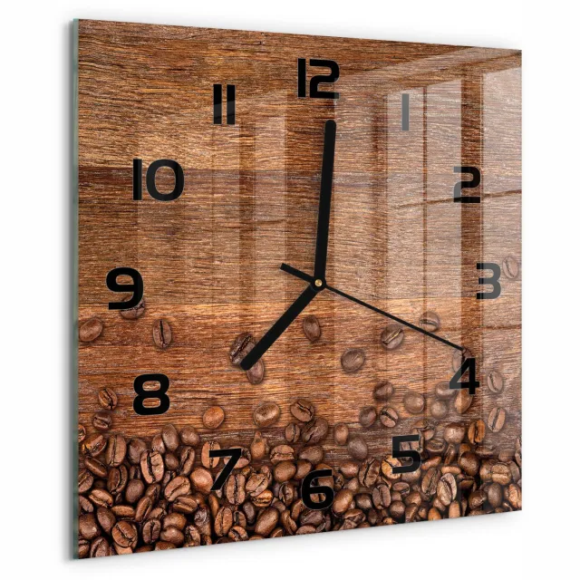 TULUP Wandklok - Koffiebonen Glazen Klok Met Print - 30x30 cm - Bruin Wandklok Glas Met Motief - Zwarte handen - Vierkante Klok - Wandklok Glas Decoratie - Gekleurde Glazen Klok